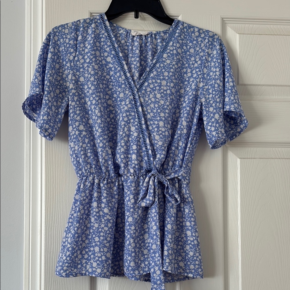 Floral Blue Wrap Top
